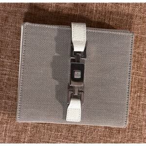 Auth. Gucci Ivory Leather Gray Canvas Piston Lock Jackie Compact Wallet